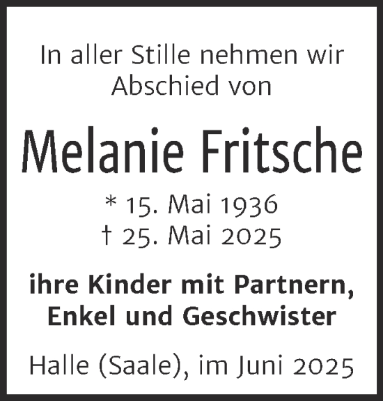 Traueranzeige von Melanie Fritsche von Mitteldeutsche Zeitung Halle/Saalkreis