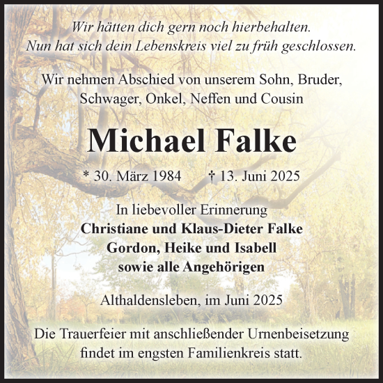 Traueranzeige von Michael Falke von Volksstimme Haldensleben/Wolmirstedt