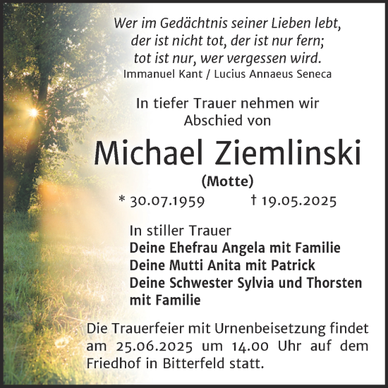 Traueranzeige von Michael Ziemlinski von Trauerkombi Bitterfeld