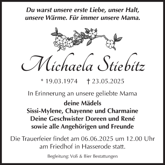 Traueranzeige von Michaela Stiebitz von Volksstimme Wernigerode