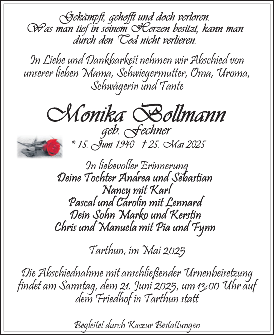 Traueranzeige von Monika Bollmann von Volksstimme Staßfurt