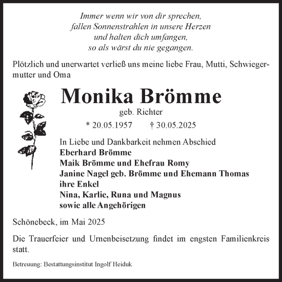 Traueranzeige von Monika Brömme von Volksstimme Schönebeck