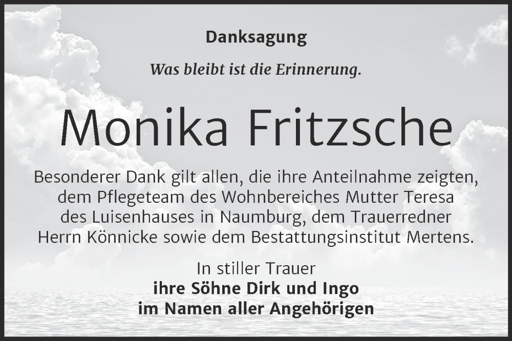  Traueranzeige für Monika Fritzsche vom 21.06.2025 aus Super Sonntag Naumburg/Nebra