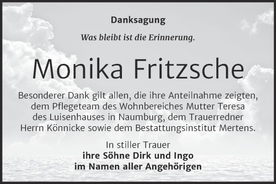 Traueranzeige von Monika Fritzsche von Super Sonntag Naumburg/Nebra