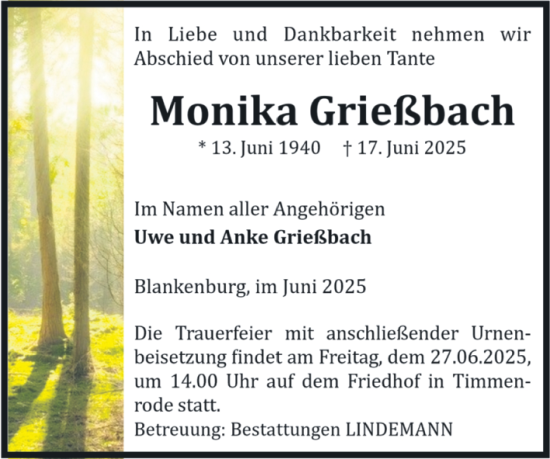 Traueranzeige von Monika Grießbach von Volksstimme Wernigerode