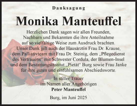 Traueranzeige von Monika Manteuffel von Volksstimme Burg/Genthin
