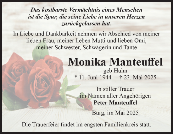 Traueranzeige von Monika Manteuffel von Volksstimme Burg/Genthin