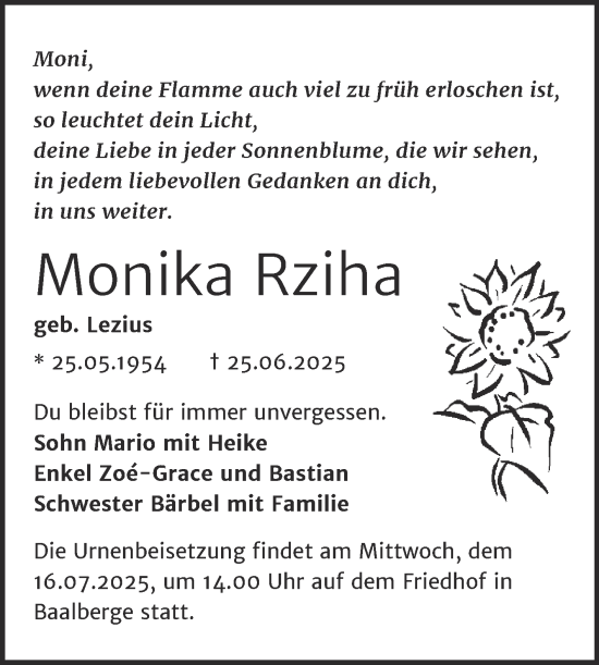 Traueranzeige von Monika Rziha von Trauerkombi Bernburg