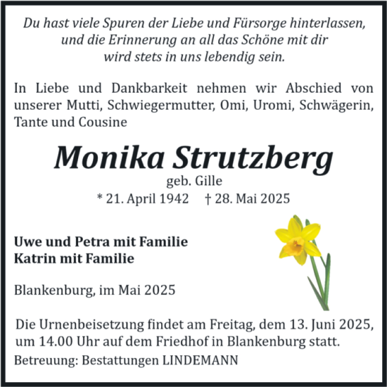 Traueranzeige von Monika Strutzberg von Volksstimme Wernigerode