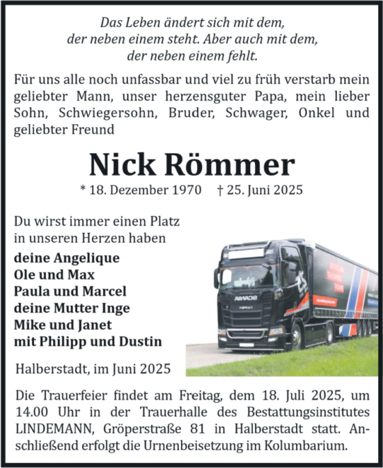 Traueranzeige von Nick Römmer von Volksstimme Halberstadt