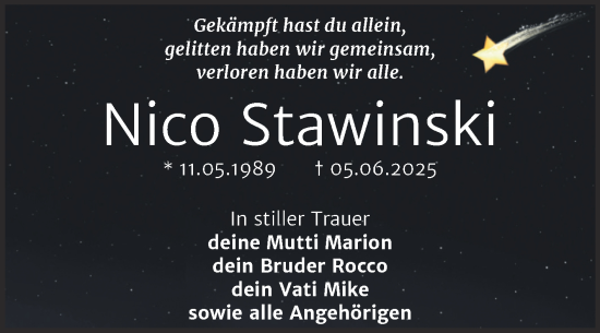Traueranzeige von Nico Stawinski von Trauerkombi Wittenberg