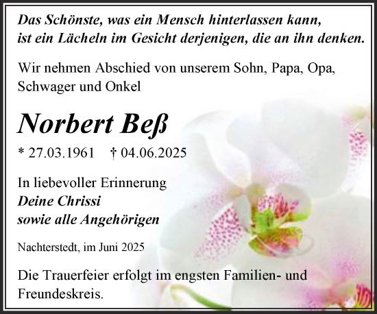 Traueranzeige von Norbert Beß von Trauerkombi Aschersleben