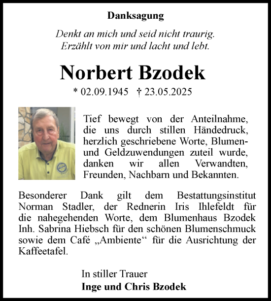 Traueranzeige von Norbert Bzodek von Volksstimme Haldensleben/Wolmirstedt