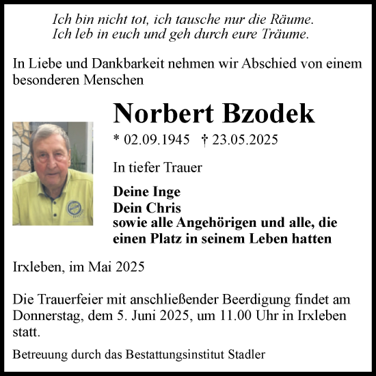 Traueranzeige von Norbert Bzodek von Volksstimme Haldensleben/Wolmirstedt