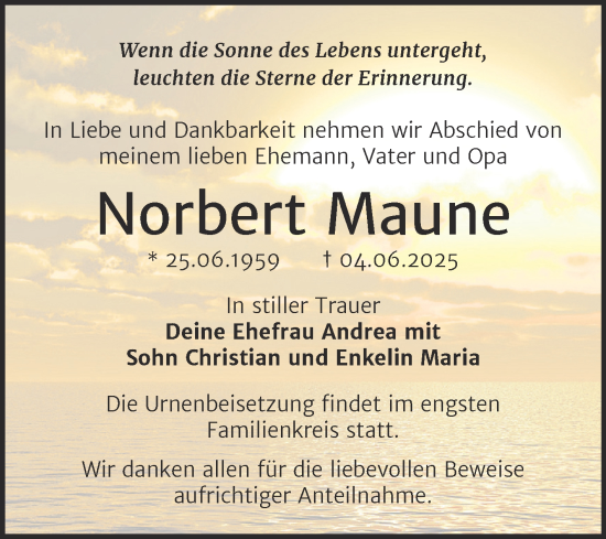 Traueranzeige von Norbert Maune von Trauerkombi Merseburg