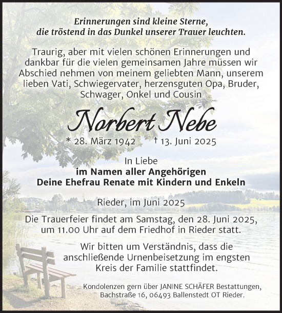 Traueranzeige von Norbert Nebe von Trauerkombi Quedlinburg