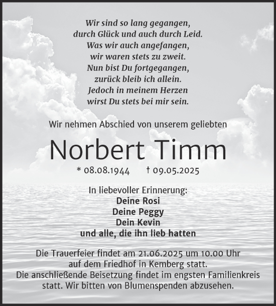 Traueranzeige von Norbert Timm von Trauerkombi Wittenberg