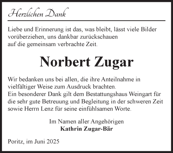Traueranzeige von Norbert Zugar von Volksstimme Altmark Ost