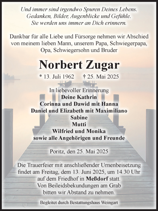 Traueranzeige von Norbert Zugar von Volksstimme Altmark Ost