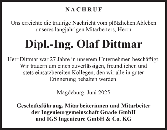Traueranzeige von Olaf Dittmar von Volksstimme Magdeburg