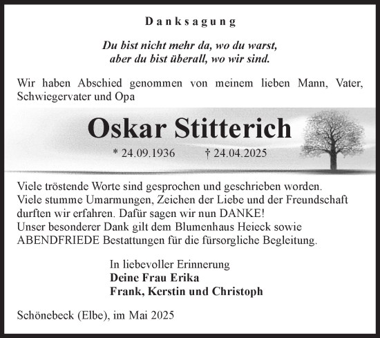 Traueranzeige von Oskar Stitterich von Volksstimme Schönebeck