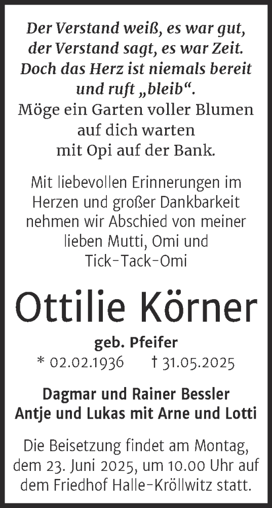Traueranzeige von Ottilie Körner von Mitteldeutsche Zeitung Halle/Saalkreis