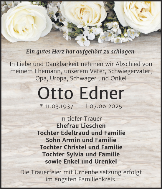 Traueranzeige von Otto Edner von Super Sonntag Bernburg