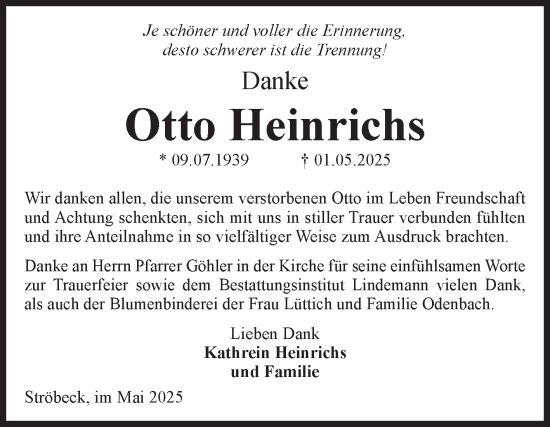 Traueranzeige von Otto Heinrichs von Volksstimme Halberstadt