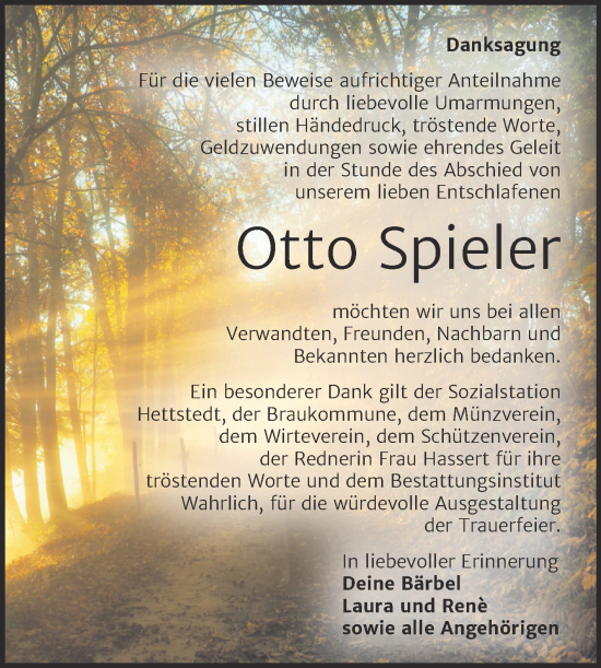 Traueranzeige von Otto Spieler von Trauerkombi Mansfelder Land