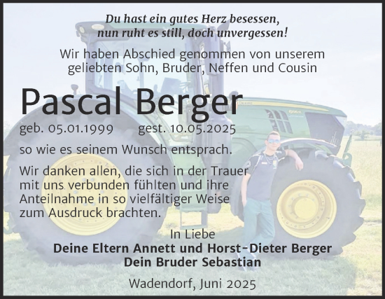 Traueranzeige von Pascal Berger von SuperSonntag Bitterfeld