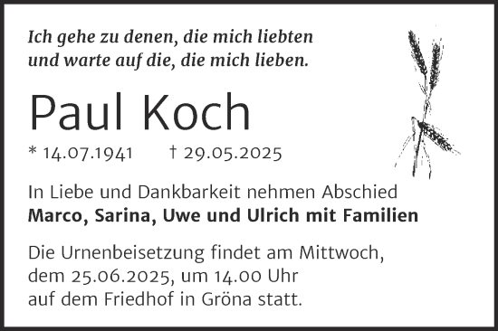 Traueranzeige von Paul Koch von Trauerkombi Bernburg