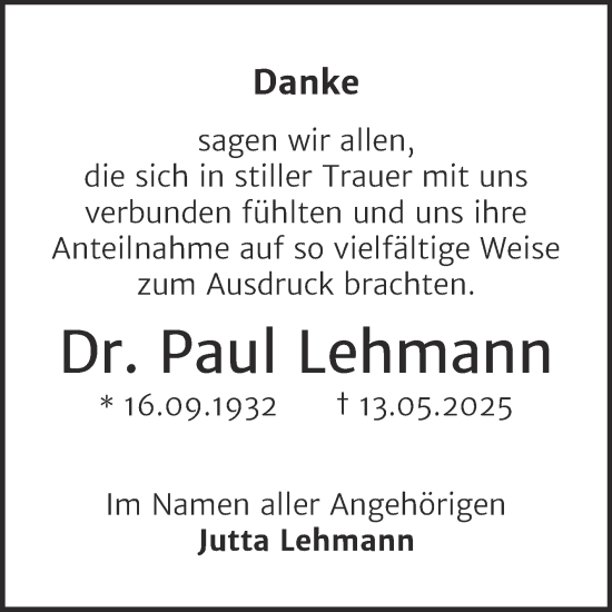 Traueranzeige von Paul Lehmann von Super Sonntag Zeitz