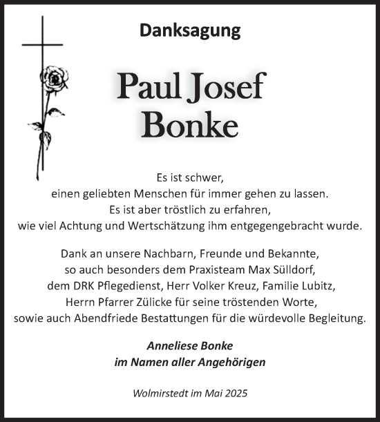 Traueranzeige von Paul Josef Bonke von Volksstimme Haldensleben/Wolmirstedt