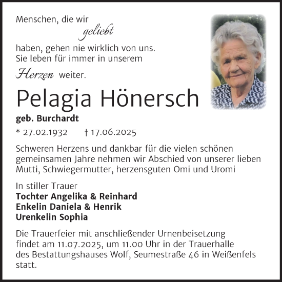 Traueranzeige von Pelagia Hönersch von Trauerkombi Weißenfels