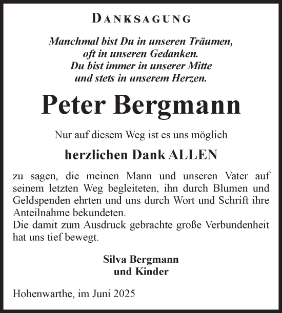 Traueranzeige von Peter Bergmann von Volksstimme Burg/Genthin