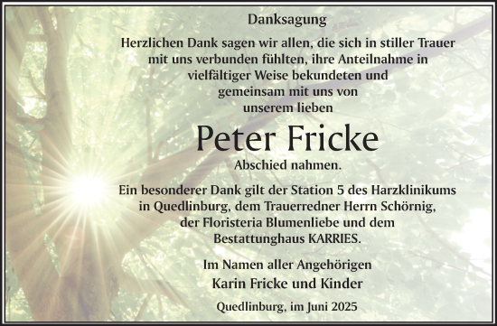 Traueranzeige von Peter Fricke von Trauerkombi Quedlinburg
