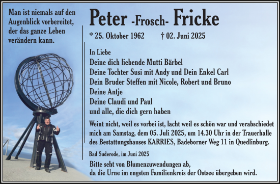 Traueranzeige von Peter Fricke von Trauerkombi Quedlinburg