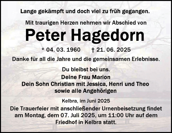 Traueranzeige von Peter Hagedorn von Trauerkombi Sangerhausen