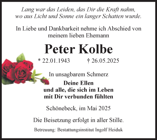 Traueranzeige von Peter Kolbe von Volksstimme Schönebeck