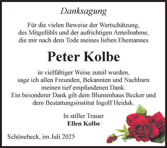 Traueranzeige von Peter Kolbe von Volksstimme Schönebeck