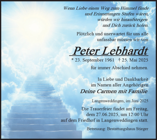 Traueranzeige von Peter Lebhardt von Volksstimme Oschersleben/Wanzleben