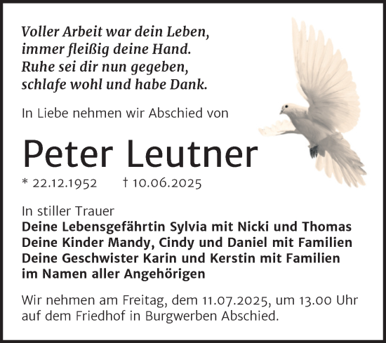 Traueranzeige von Peter Leutner von Trauerkombi Weißenfels