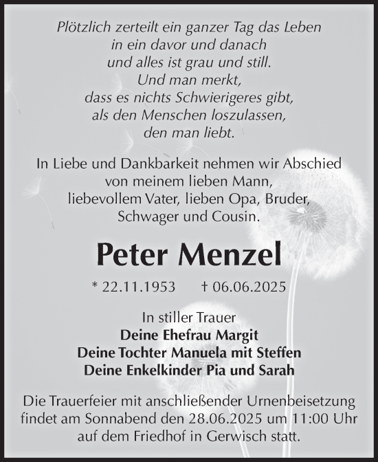 Traueranzeige von Peter Menzel von Volksstimme Burg/Genthin