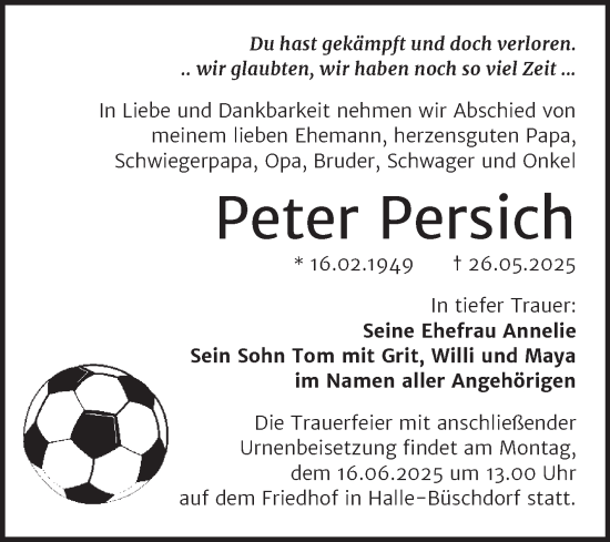Traueranzeige von Peter Persich von Mitteldeutsche Zeitung Halle/Saalkreis