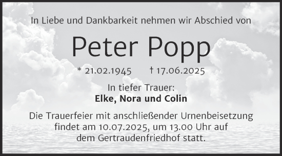 Traueranzeige von Peter Popp von Mitteldeutsche Zeitung Halle/Saalkreis