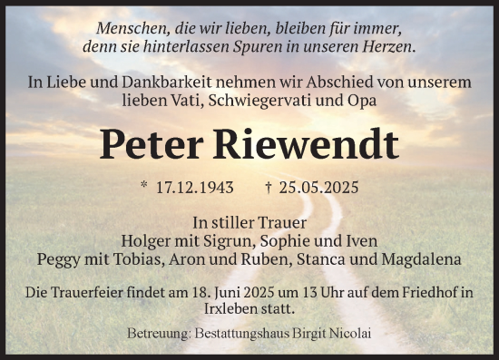 Traueranzeige von Peter Riewendt von Volksstimme Magdeburg