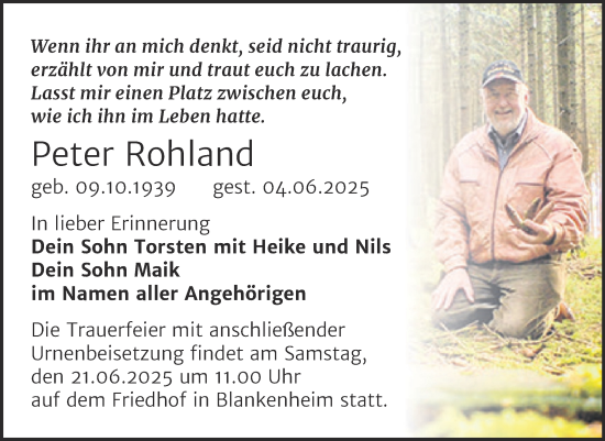 Traueranzeige von Peter Rohland von Trauerkombi Sangerhausen