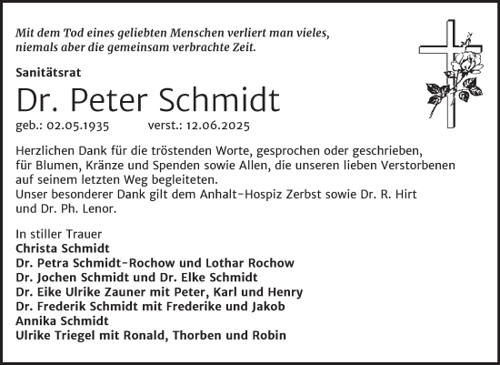 Traueranzeige von Peter Schmidt von Trauerkombi Dessau
