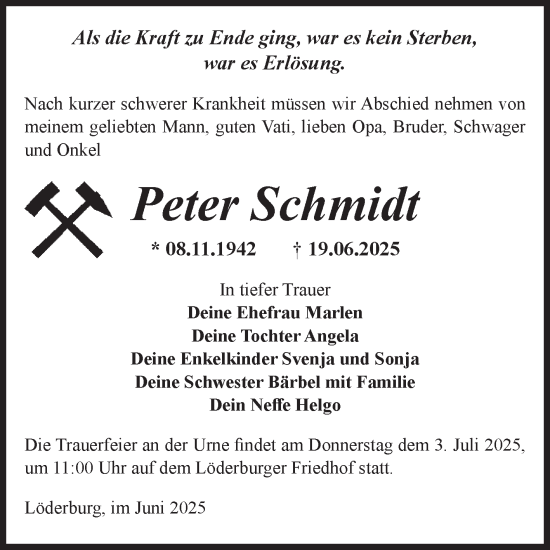 Traueranzeige von Peter Schmidt 
