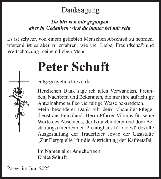 Traueranzeige von Peter Schuft von Volksstimme Burg/Genthin